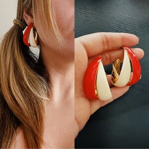 Vintage Red and White Enamel Gold tone Hoop Earrings